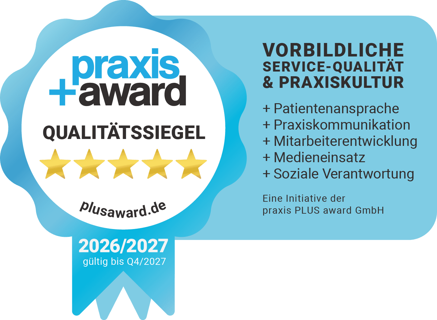 ختم الجودة Praxis+Award لعامي 2026/2027 بخمس نجوم لجودة الخدمة وثقافة العيادة المثالية